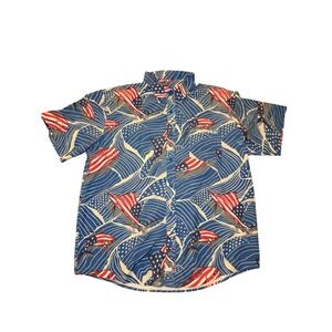 Huk Mens Large L Hawaiian Shirt American Flag Fish Short Sleeve Button Up